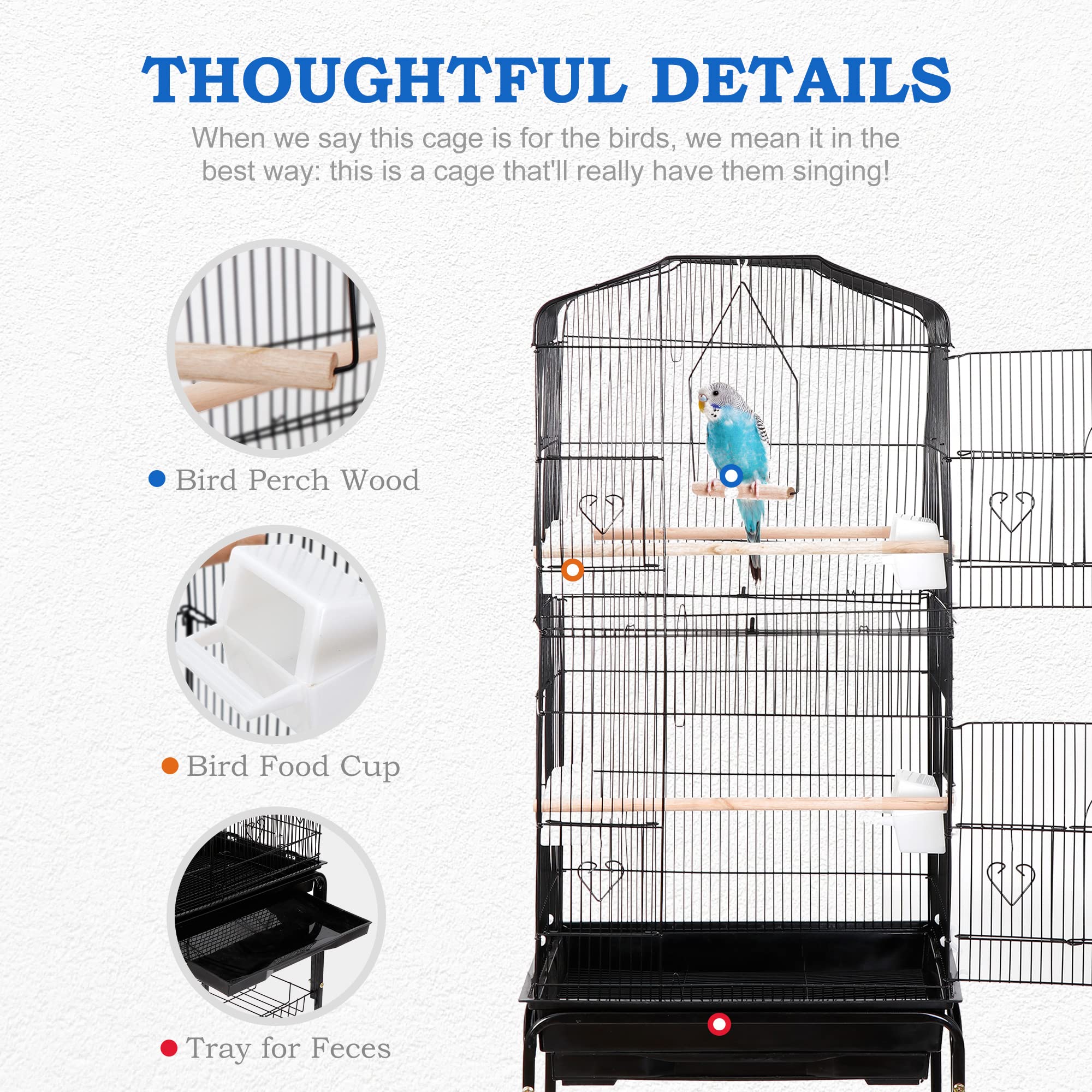 SUPER DEAL 59.3 Rolling Bird Cage Large Wrought Iron Cage for Cockatiel Sun Conure Parakeet Finch Budgie Lovebird Canary Medium